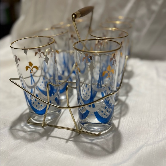 Vintage Elegant Gold and Blue Glass Set with Holder - Picture 4 of 9